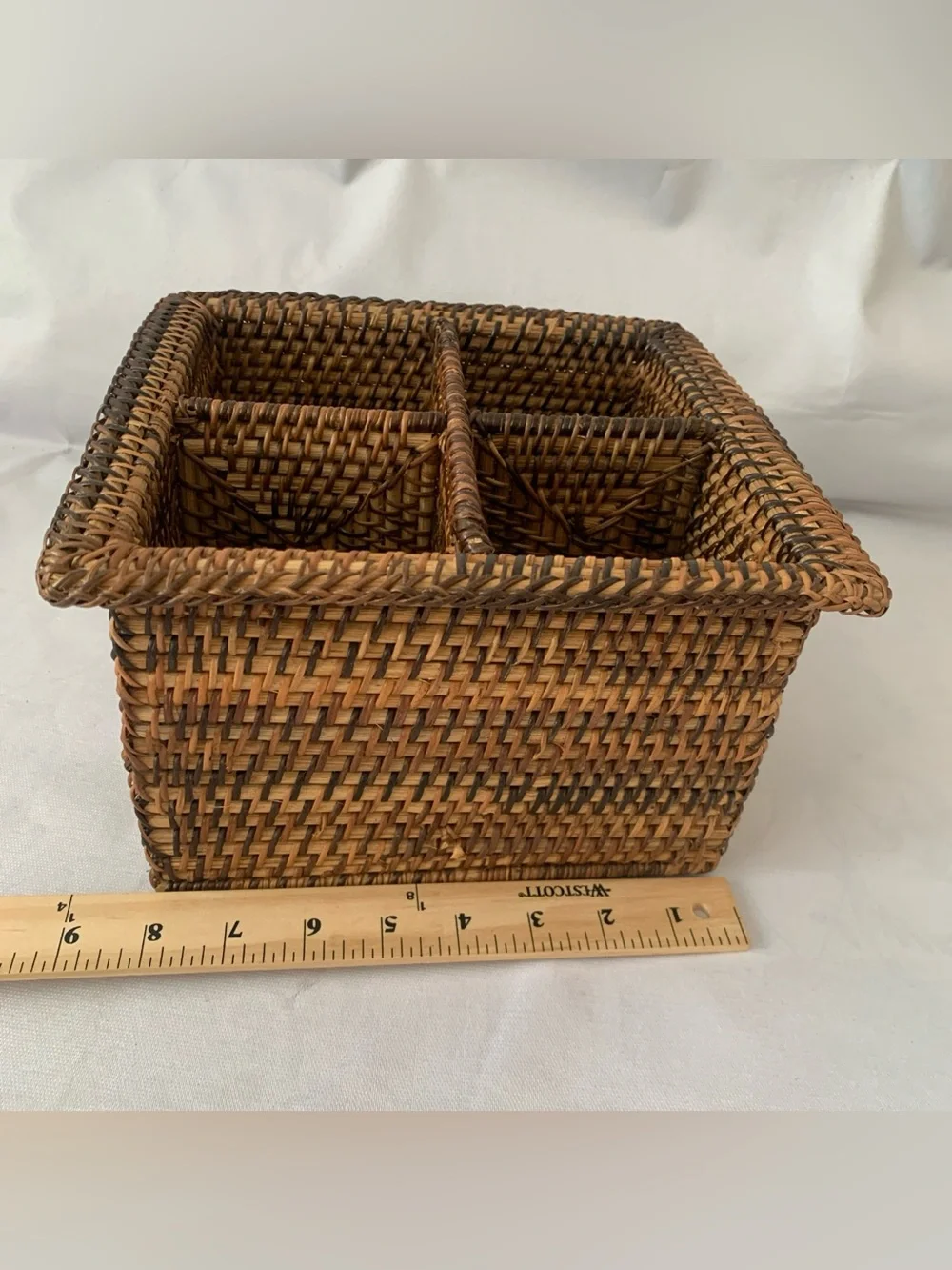 VTG Hand Woven Wicker Rattan Basket 4 Section Utensil Holder 8” Square Container